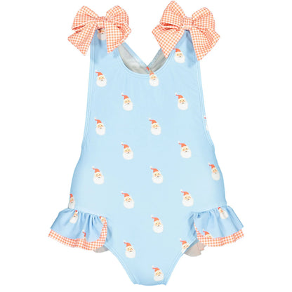 Sal & Pimenta Girls Swimsuit - Bows on Shoulders - Blue Santa Claus Tell Me Print
