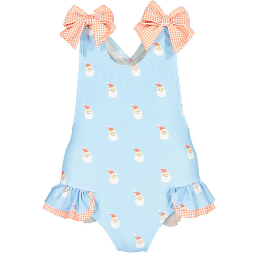 Sal & Pimenta Girls Swimsuit - Bows on Shoulders - Blue Santa Claus Tell Me Print