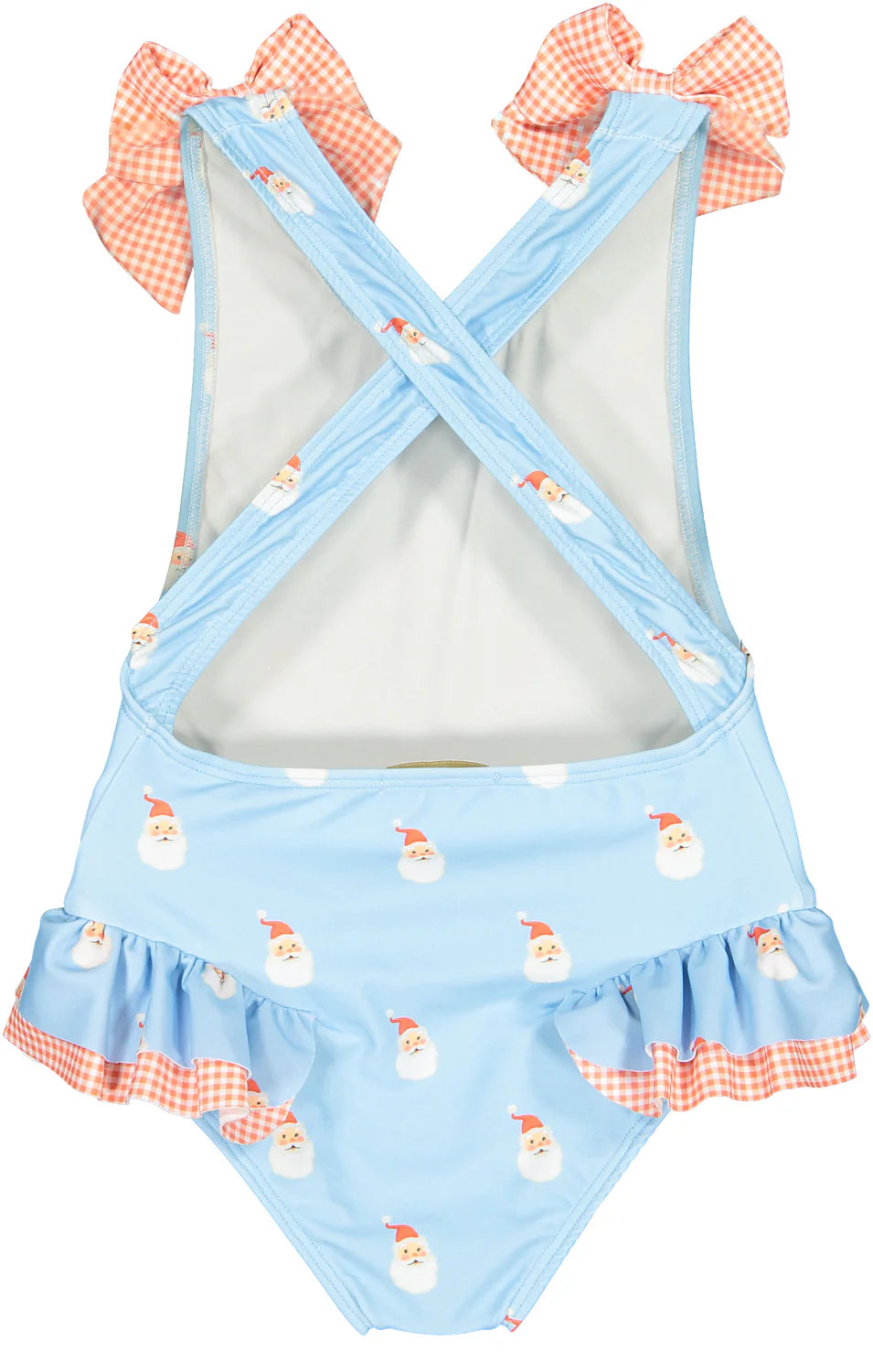 Sal & Pimenta Girls Swimsuit - Bows on Shoulders - Blue Santa Claus Tell Me Print