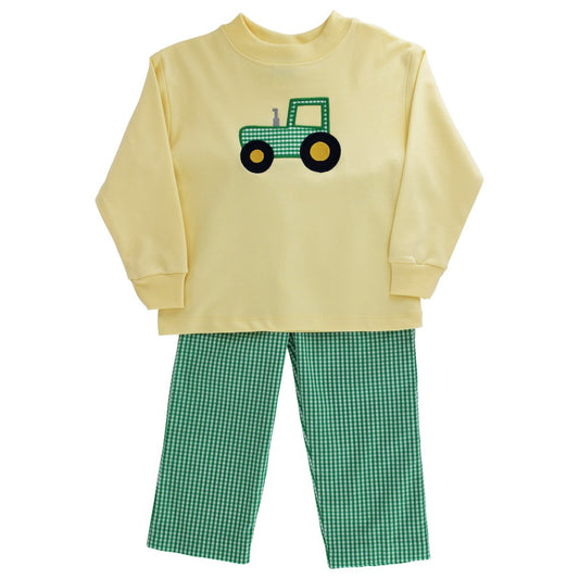 Bailey Boys Green Check Pants with Appliqué Tractor on Yellow Shirt by Bailey Boys