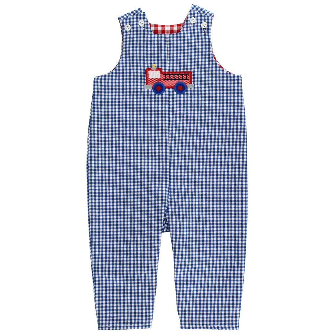 Bailey Boys Reversible Longall - Blue Check Firetruck Reverses to Red Check Dog by Bailey Boys