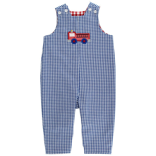 Bailey Boys Reversible Longall - Blue Check Firetruck Reverses to Red Check Dog by Bailey Boys