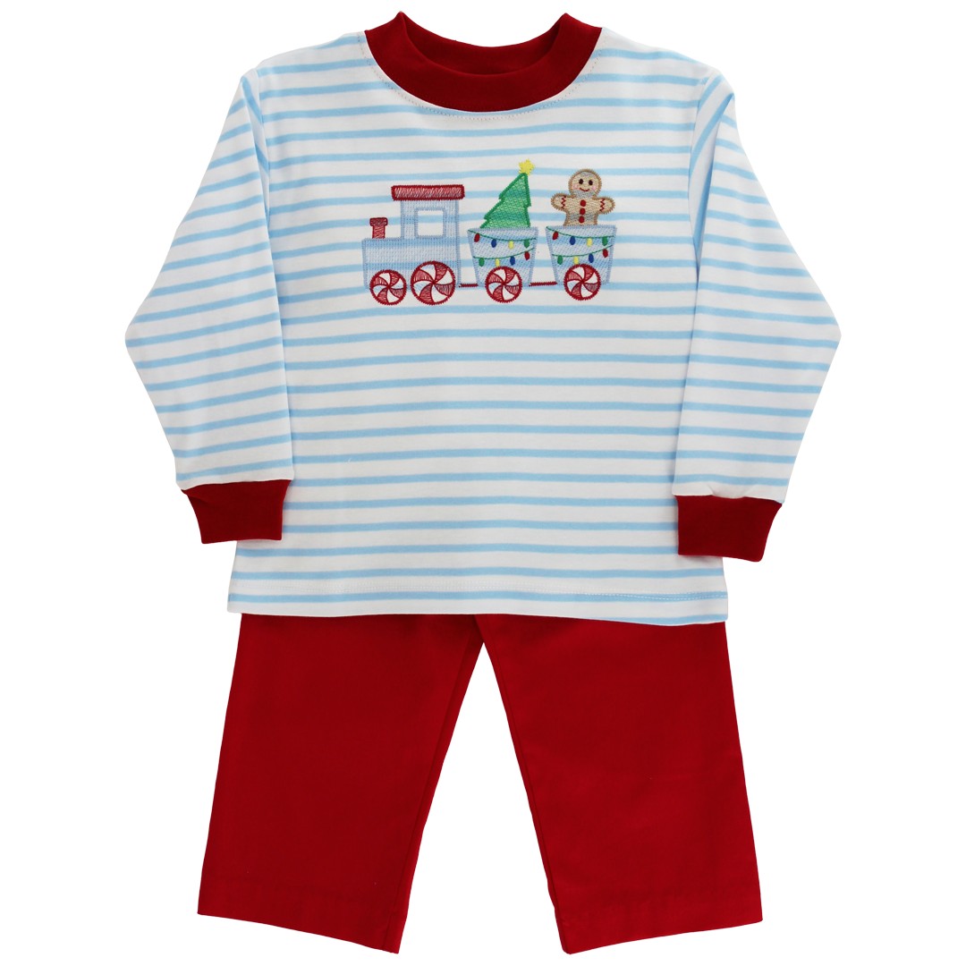 Bailey Boys Red Pants Set with Blue Striped Christmas Gingerbread Train Shirt by Bailey Boys