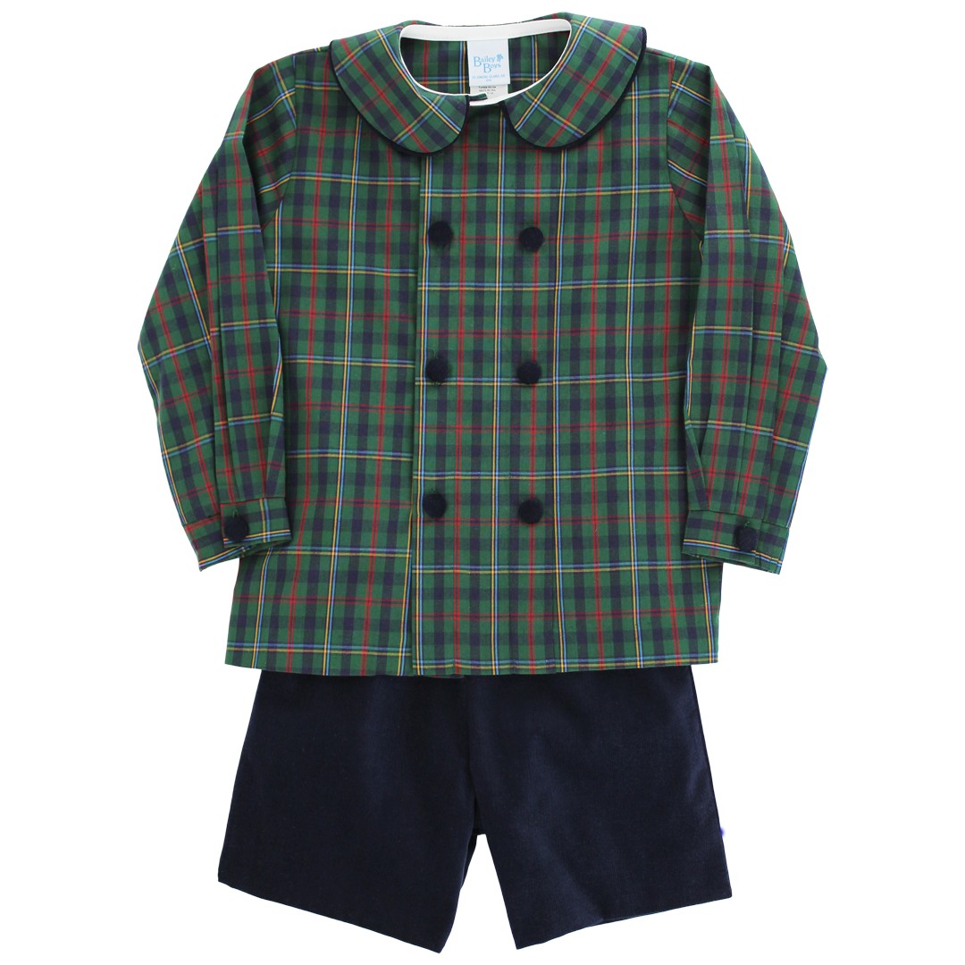Bailey Boys Dressy Shorts Set - Navy Blue & Green Watson Holiday Plaid