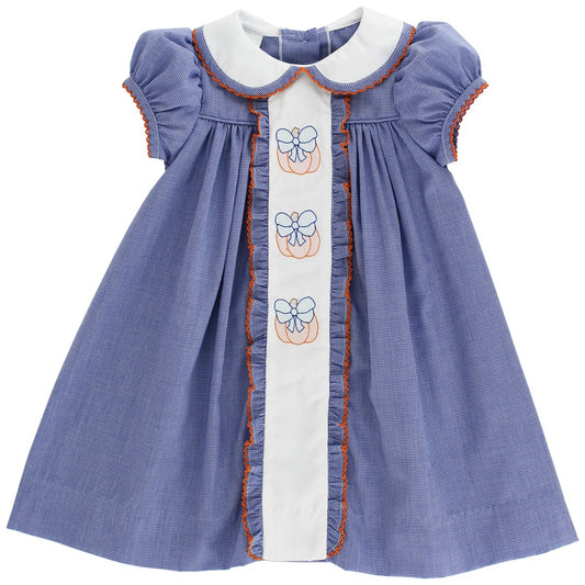 Bailey Boys Toddler Girls Blue Check Embroidered Pretty Pumpkins Float Dress by Bailey Boys