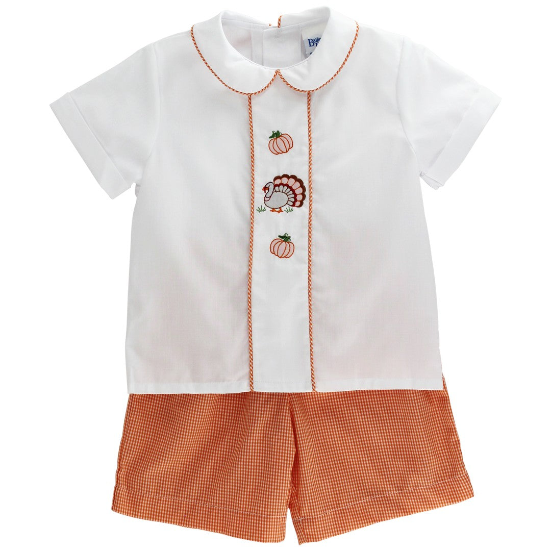Bailey Boys Dressy Shorts Set - Orange Checks - Embroidered Turkey Trot
