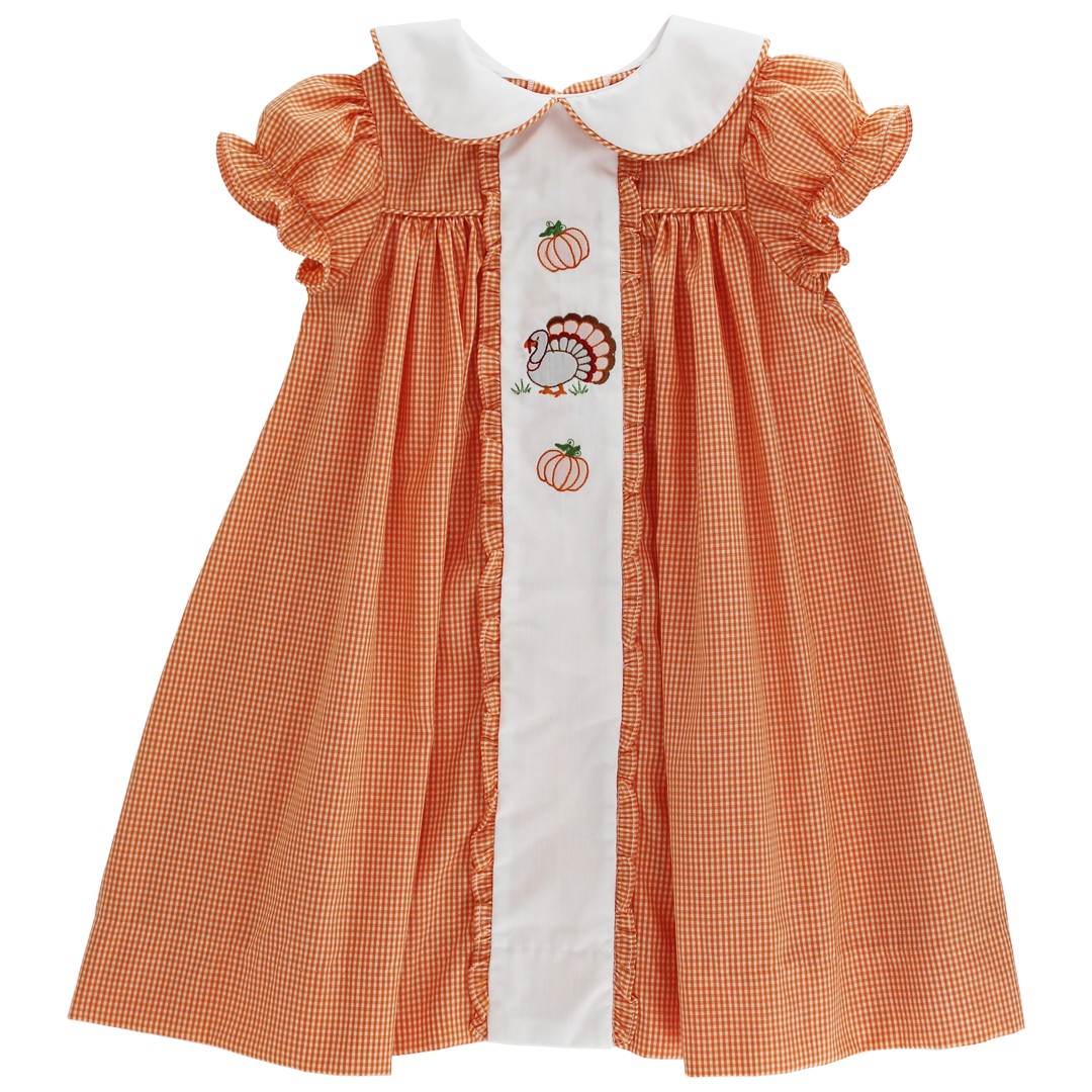 Bailey Boys Toddler Girls Orange Check Embroidered Turkey Trot Float Dress