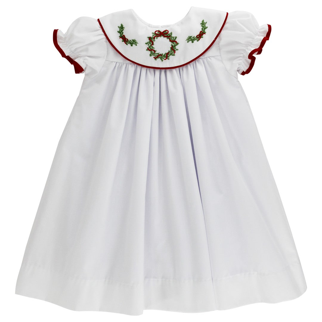 Bailey Boys Girls White Float Dress - Embroidered Christmas Wreath on Platter Collar by Bailey Boys