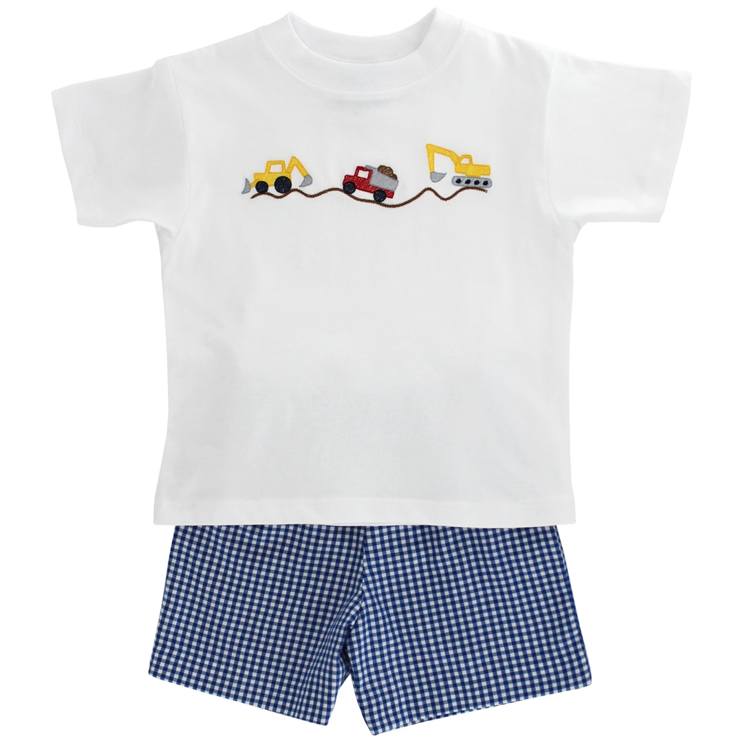 Bailey Boys Toddler Shorts Set - Blue Check with Lil Diggers Construction Trucks Shirt