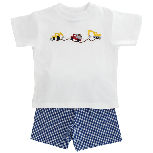 Bailey Boys Toddler Shorts Set - Blue Check with Lil Diggers Construction Trucks Shirt by Bailey Boys