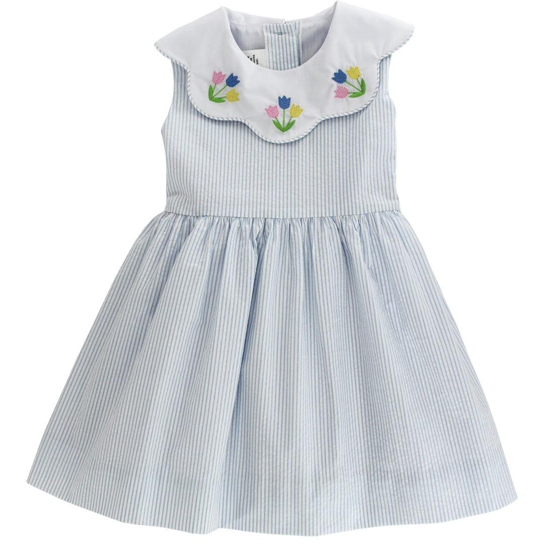 Bailey Boys Girls Blue Stripe Sunday Stroll Dress - Tulips on Scallop Collar