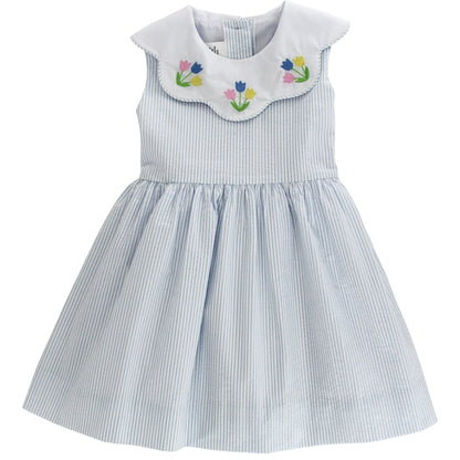 Bailey Boys Girls Blue Stripe Sunday Stroll Dress - Tulips on Scallop Collar by Bailey Boys