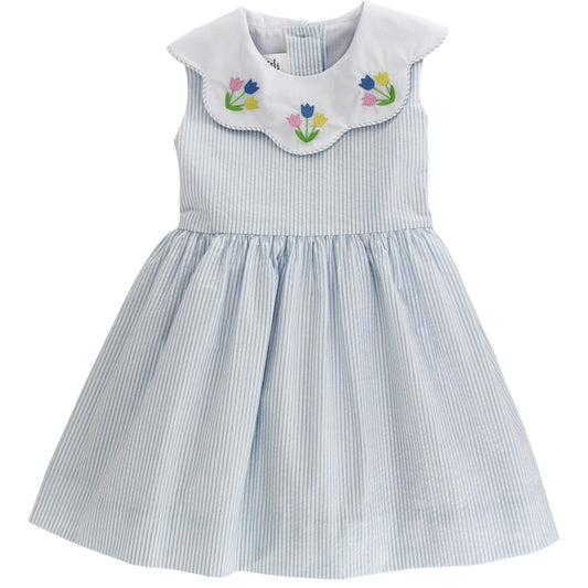 Bailey Boys Girls Blue Stripe Sunday Stroll Dress - Tulips on Scallop Collar by Bailey Boys