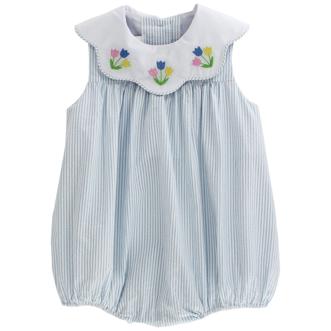 Bailey Boys Baby Girls Blue Stripe Sunday Stroll Bubble - Tulips on Scallop Collar