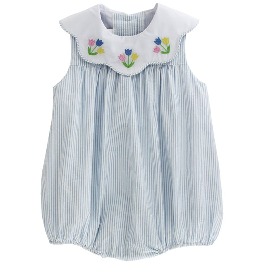 Bailey Boys Baby Girls Blue Stripe Sunday Stroll Bubble - Tulips on Scallop Collar by Bailey Boys