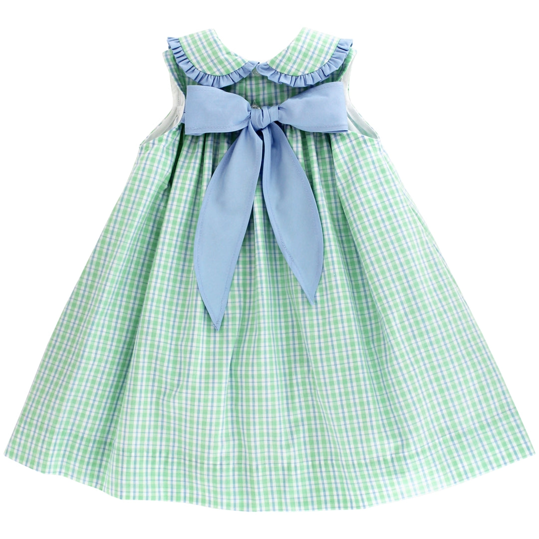 Bailey Boys Toddler Girls Dress with Collar - Blue Bow on Back - Bridgewater Green & Blue Plaid