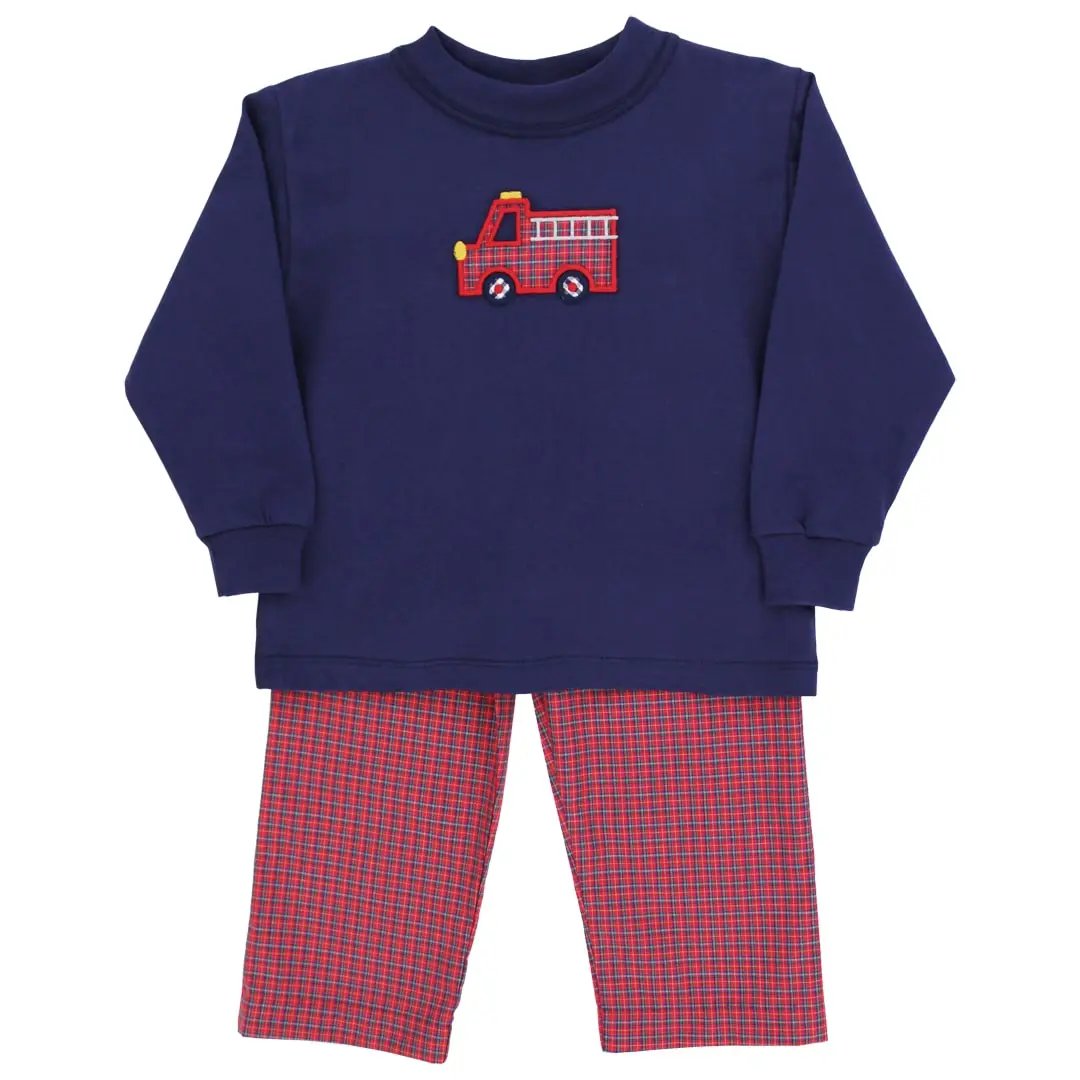 Bailey Boys Toddler Pants Set - Red Plaid with Navy Blue Firetruck Shirt