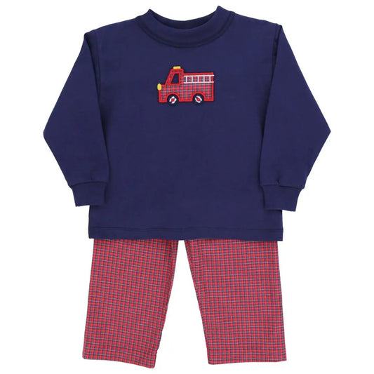 Bailey Boys Toddler Pants Set - Red Plaid with Navy Blue Firetruck Shirt