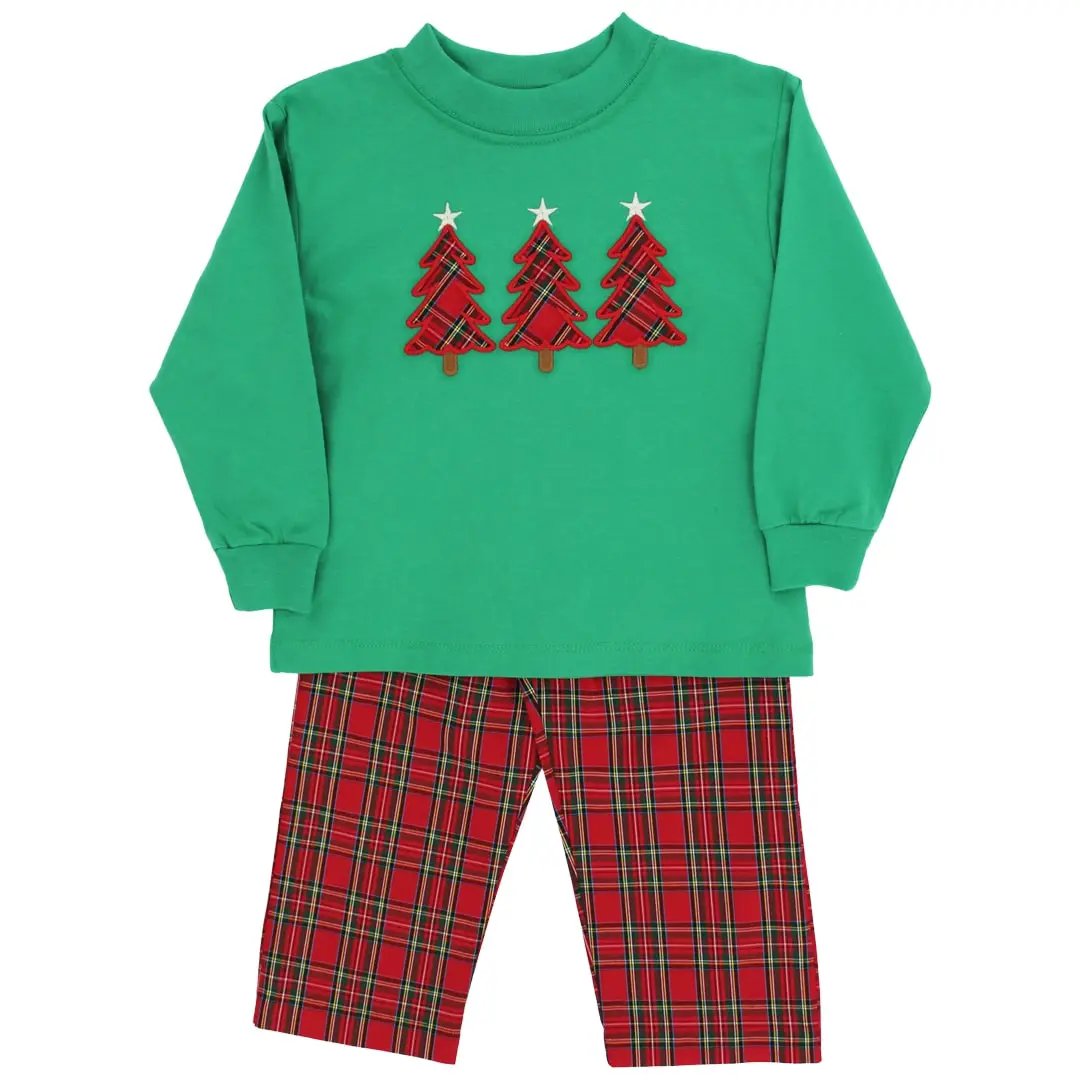 Bailey Boys Red Holiday Plaid Tartan Pants with Green Festive Christmas Trees Shirt