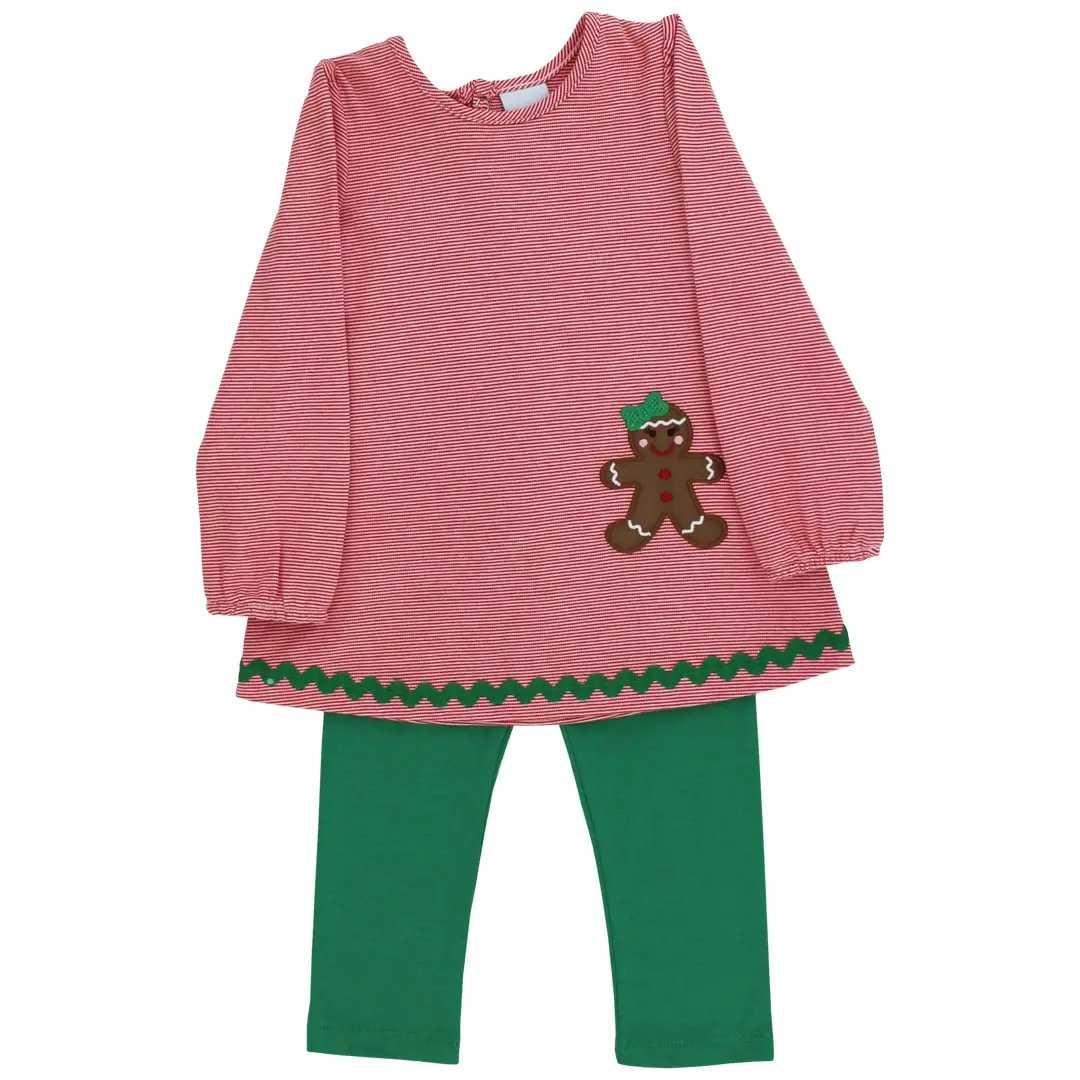 Bailey Boys Girls Green Leggings with Red Striped Jolly Gingerbread Top