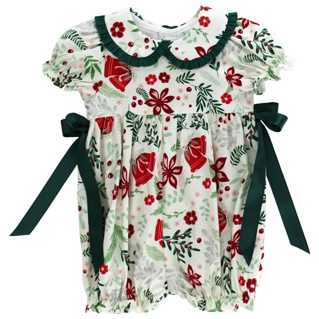 Bailey Boys Baby Girls Green Heirloom Holly Christmas Bubble - Side Bows