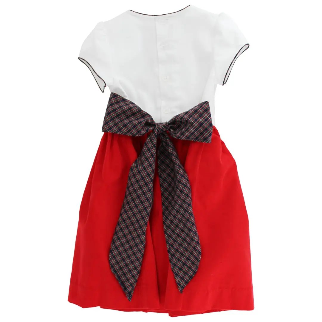 Bailey Boys Girls Red Corduroy Christmas Wreath Dress - Durham Plaid Sash