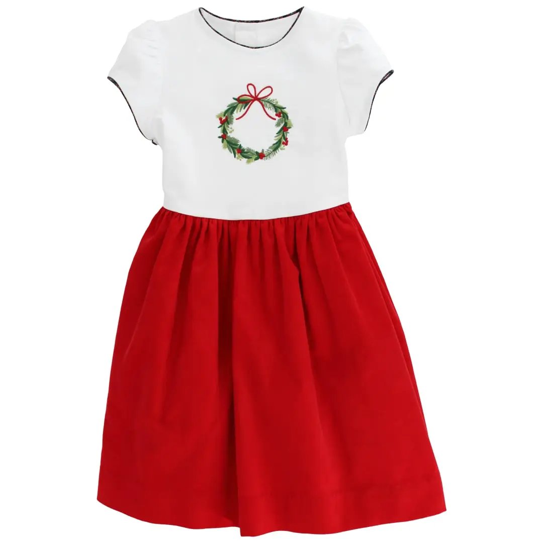 Bailey Boys Girls Red Corduroy Christmas Wreath Dress - Durham Plaid Sash