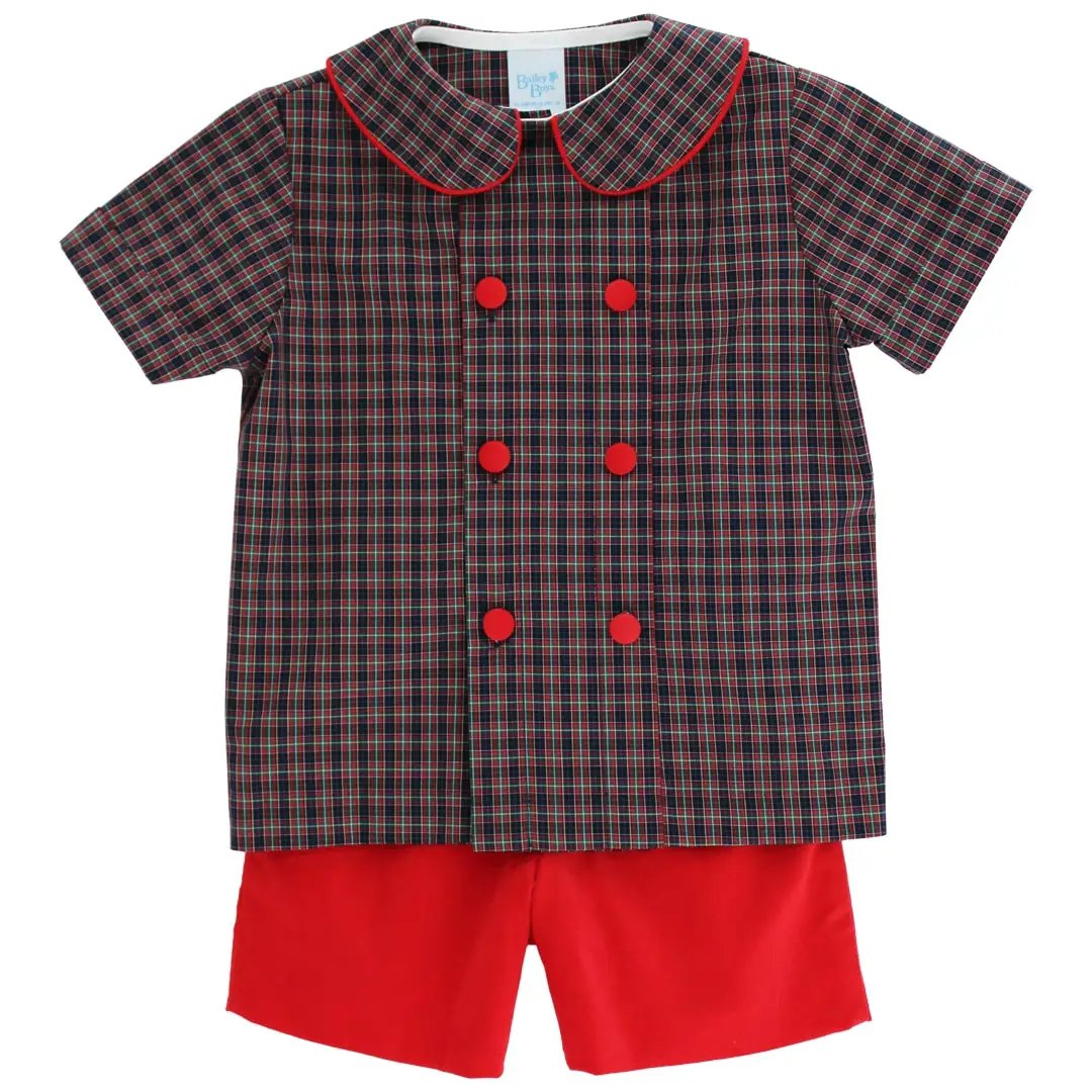 Bailey Boys Red Corduroy Dressy Shorts Set - Durham Plaid Top