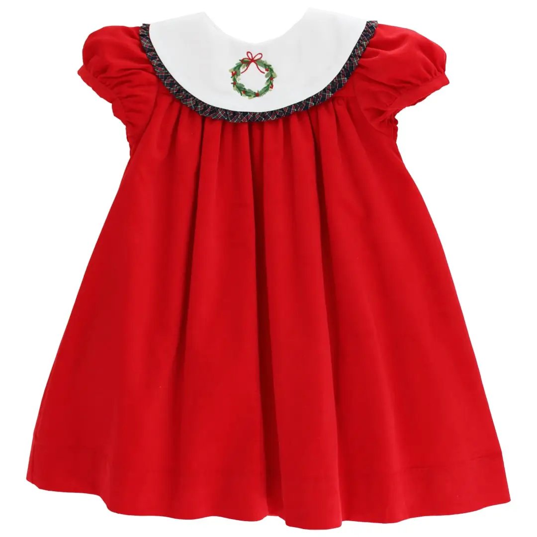 Bailey Boys Girls Red Corduroy Christmas Wreath Dress - Durham Plaid Collar