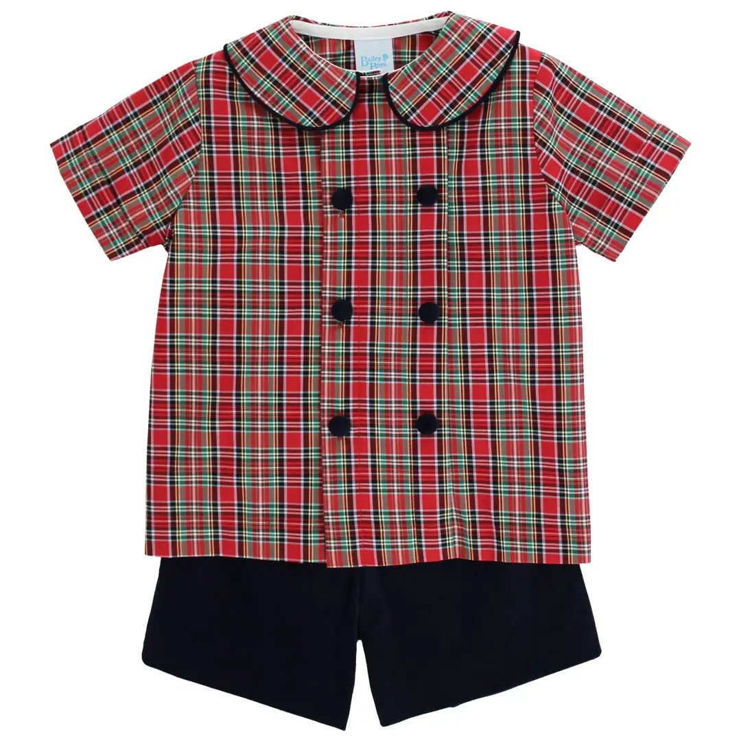 Bailey Boys Red Holiday Plaid Tartan Dressy Short Set - Navy Blue Cord Shorts