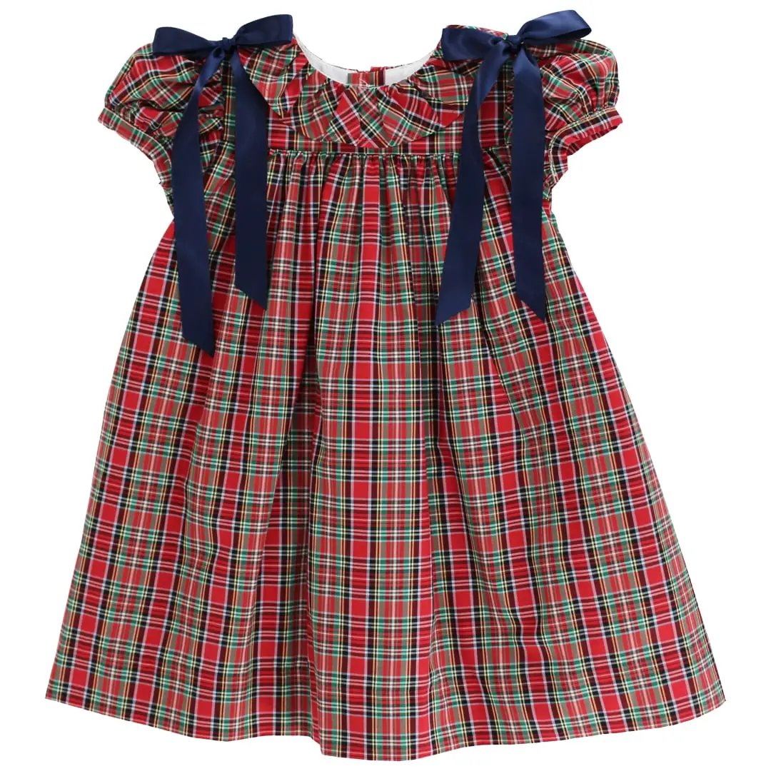 Bailey Boys Girls Red Holiday Plaid Tartan Float Dress - Navy Blue Bows