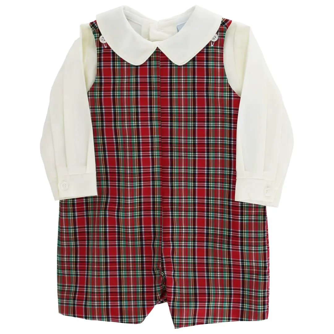 Bailey Boys Red Holiday Plaid Tartan Shortall with Tabs