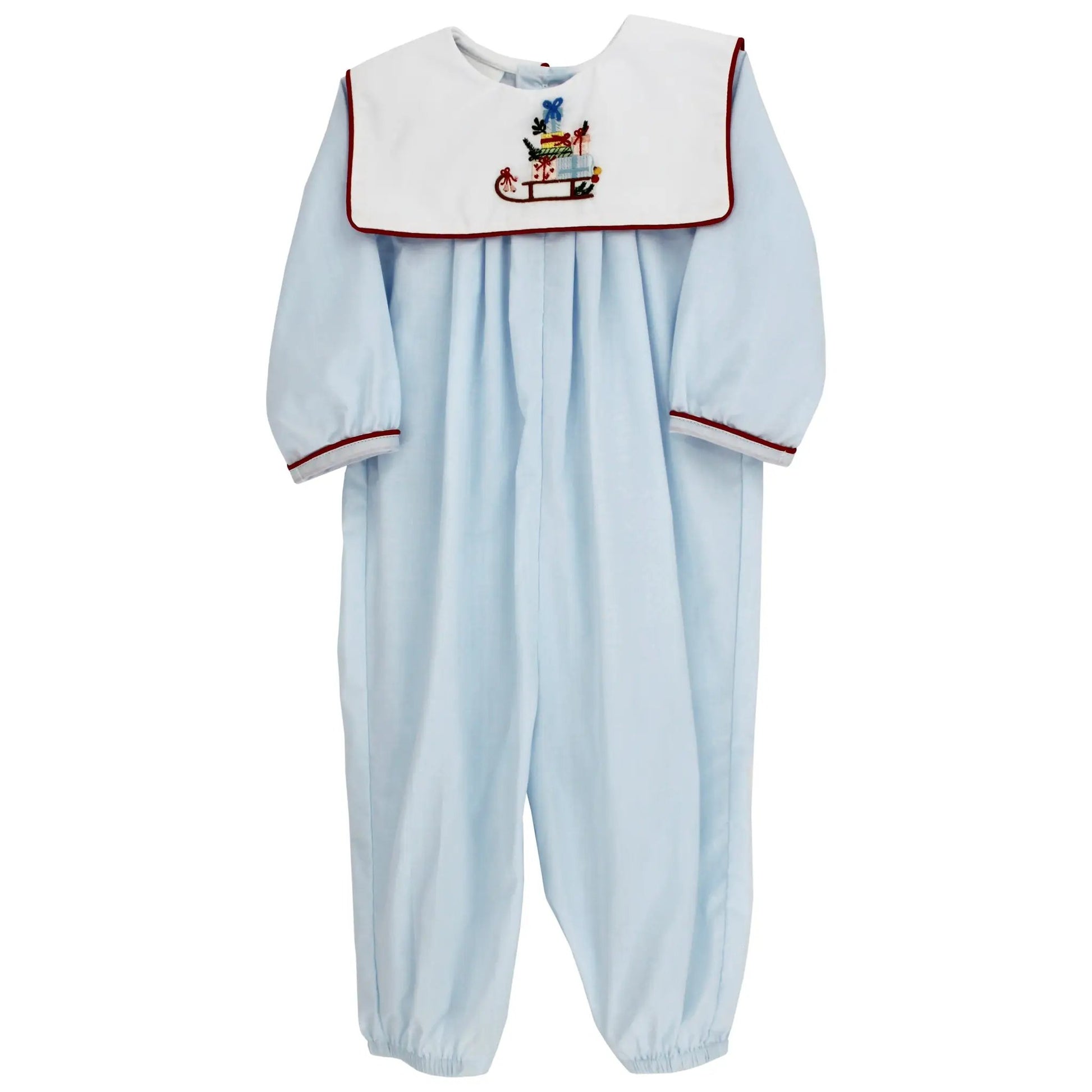 Bailey Boys Baby Romper - Blue with Santa Sleigh on Square Collar