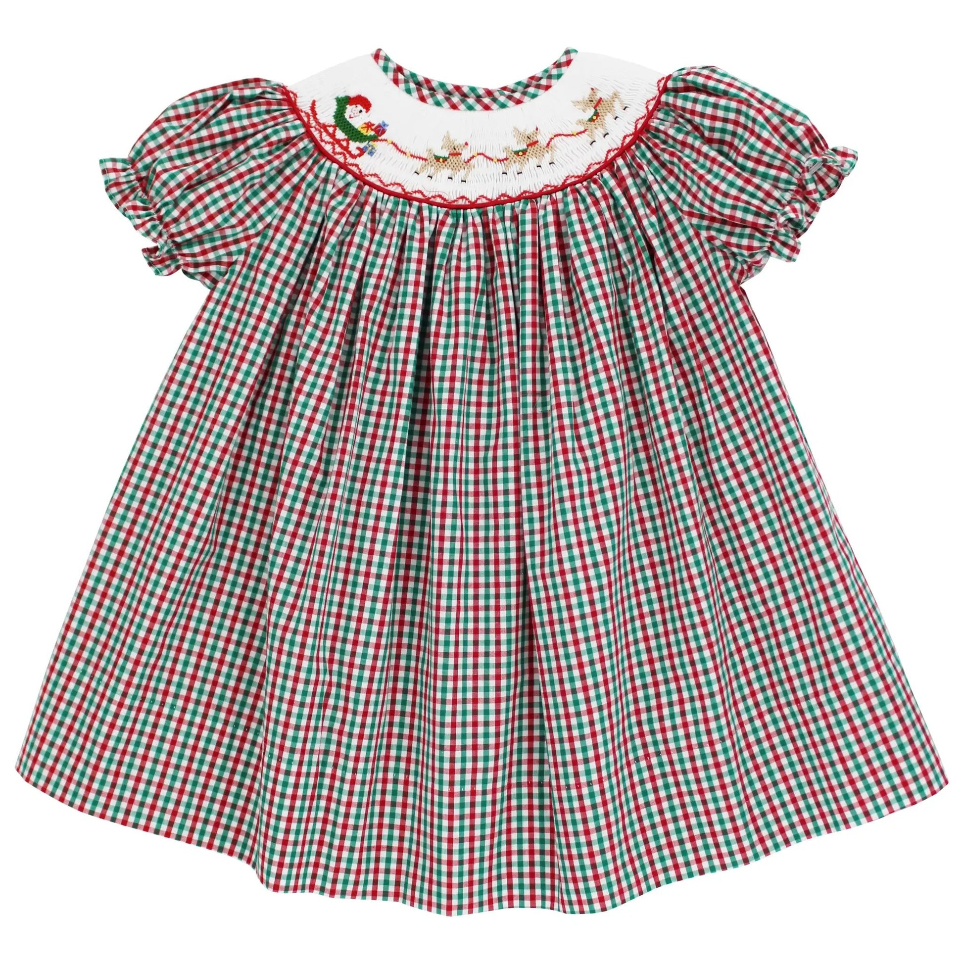 Bailey Boys Girls Red & Green Check Smocked Santa Sleigh Bishop Dress
