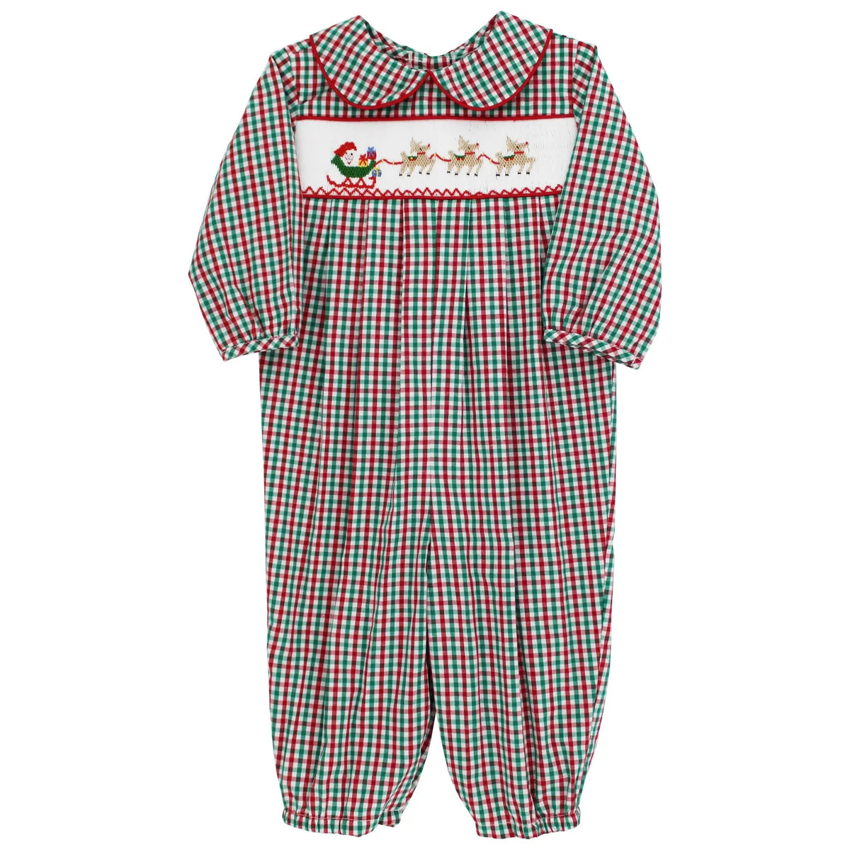 Bailey Boys Red & Green Check Smocked Santa Sleigh Romper with Collar