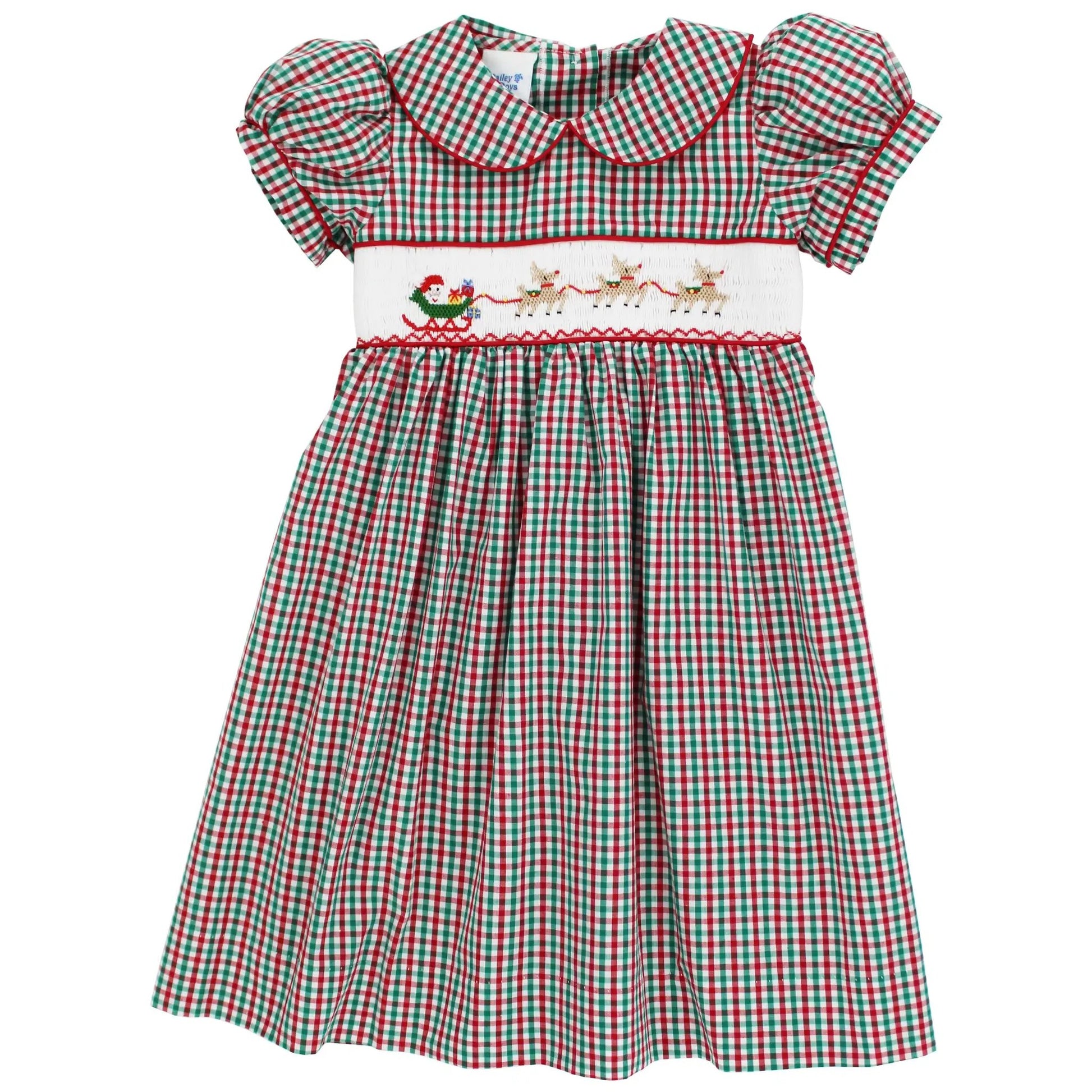 Bailey Boys Girls Red & Green Check Smocked Santa Sleigh Dress with Collar
