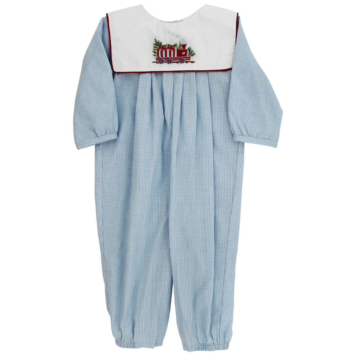 Bailey Boys Baby Blue Christmas Train Romper with Collar