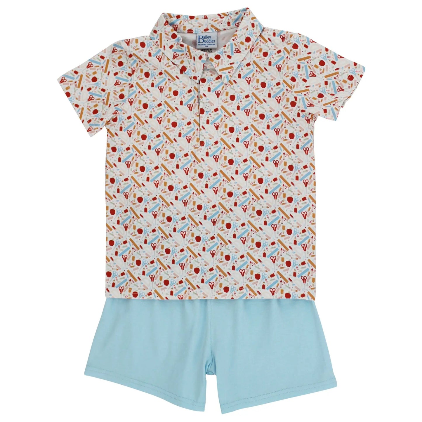 Bailey Buddies Boys Blue Back to School Days Print Knit Shorts Set