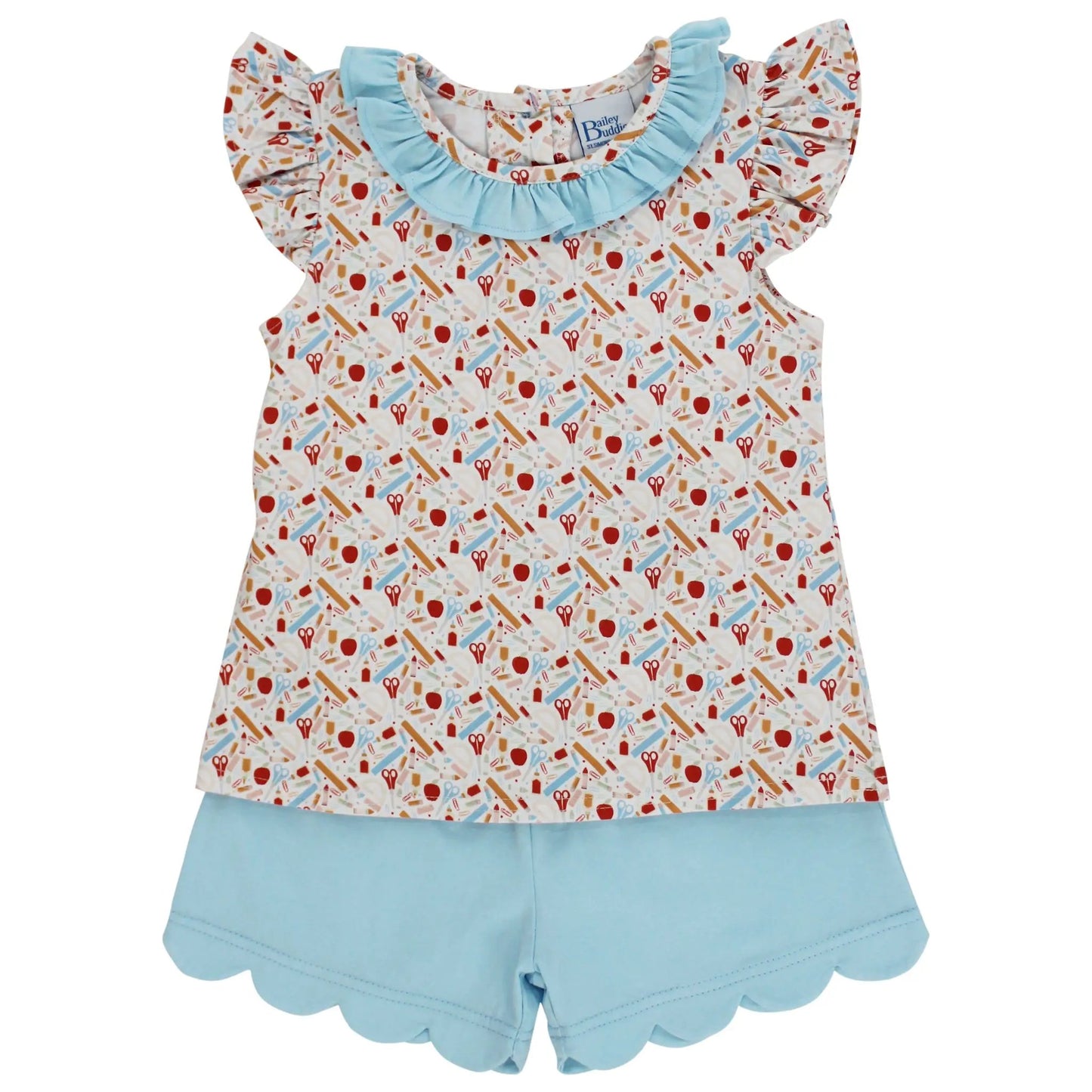 Bailey Buddies Girls Blue Back to School Days Print Knit Scallop Shorts Set