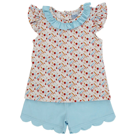 Bailey Buddies Girls Blue Back to School Days Print Knit Scallop Shorts Set