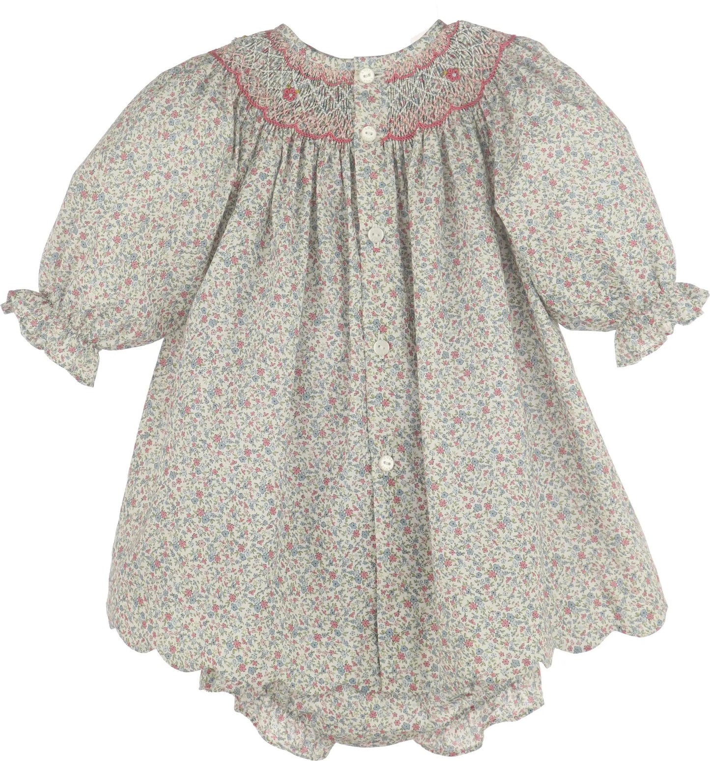 Luli & Me Girls Pink Fall Blossom Floral Smocked Dress - Scallop Hem