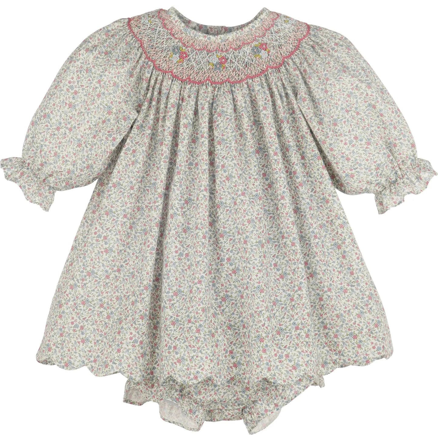 Luli & Me Girls Pink Fall Blossom Floral Smocked Dress - Scallop Hem