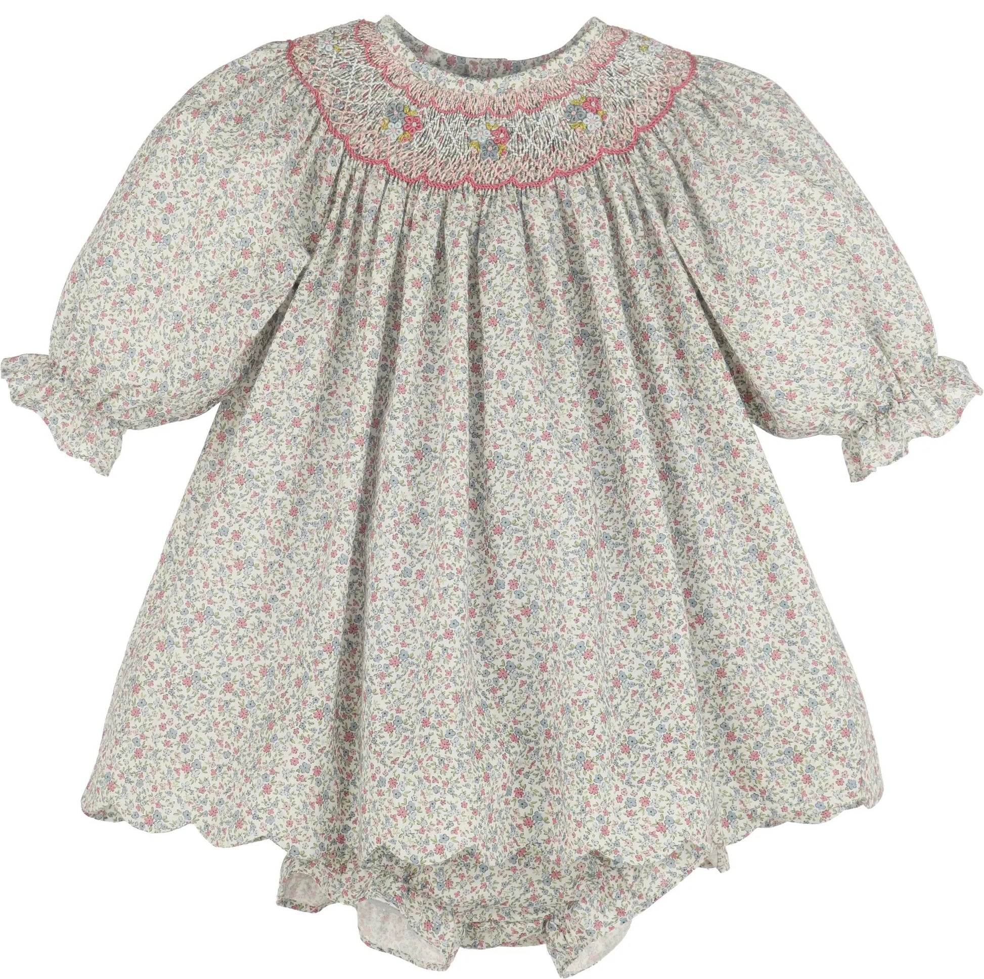 Luli & Me Girls Pink Fall Blossom Floral Smocked Dress - Scallop Hem