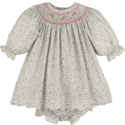 Luli & Me Girls Pink Fall Blossom Floral Smocked Dress - Scallop Hem