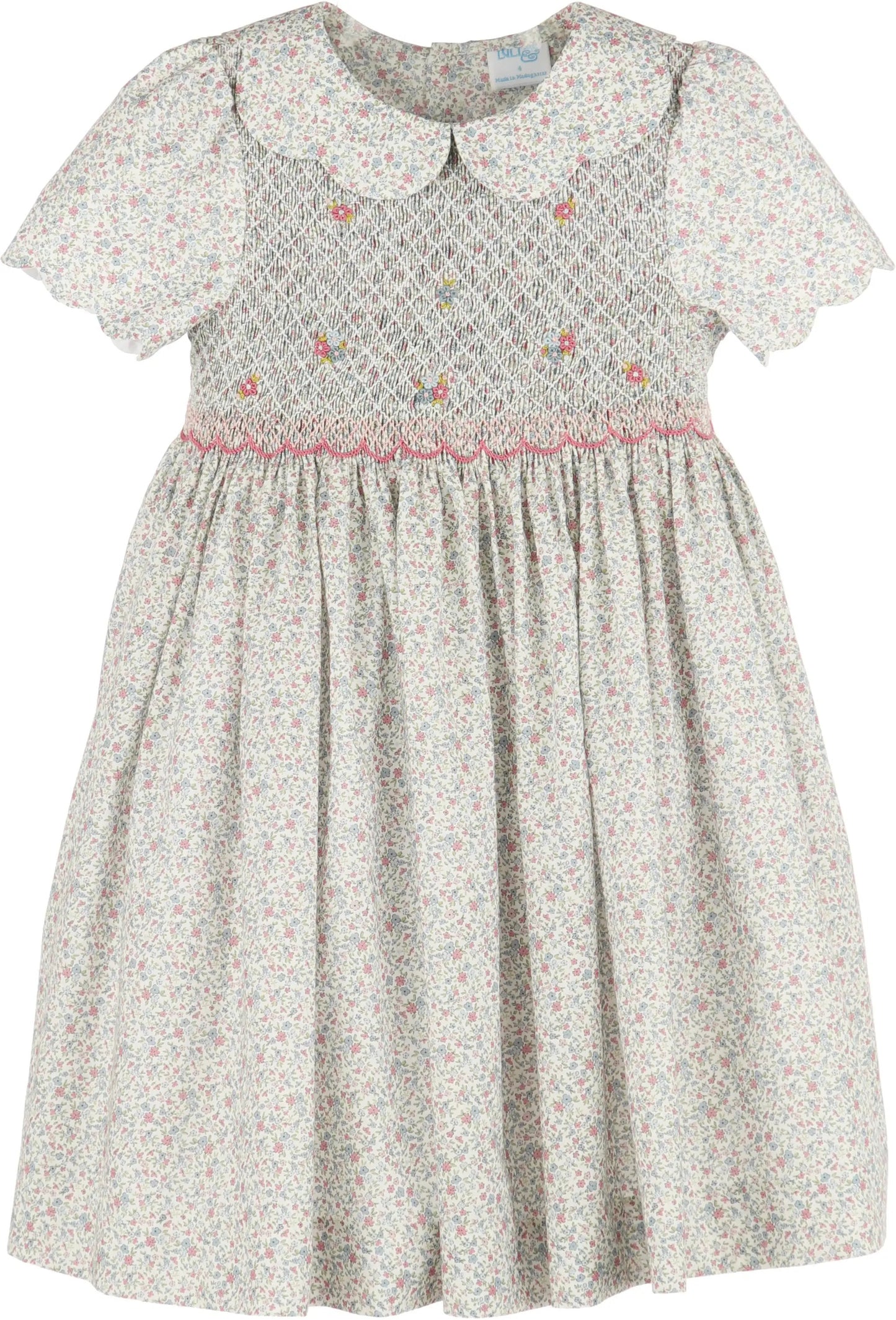 Luli & Me Girls Pink Fall Blossom Floral Smocked Bodice Dress - Scallop Collar