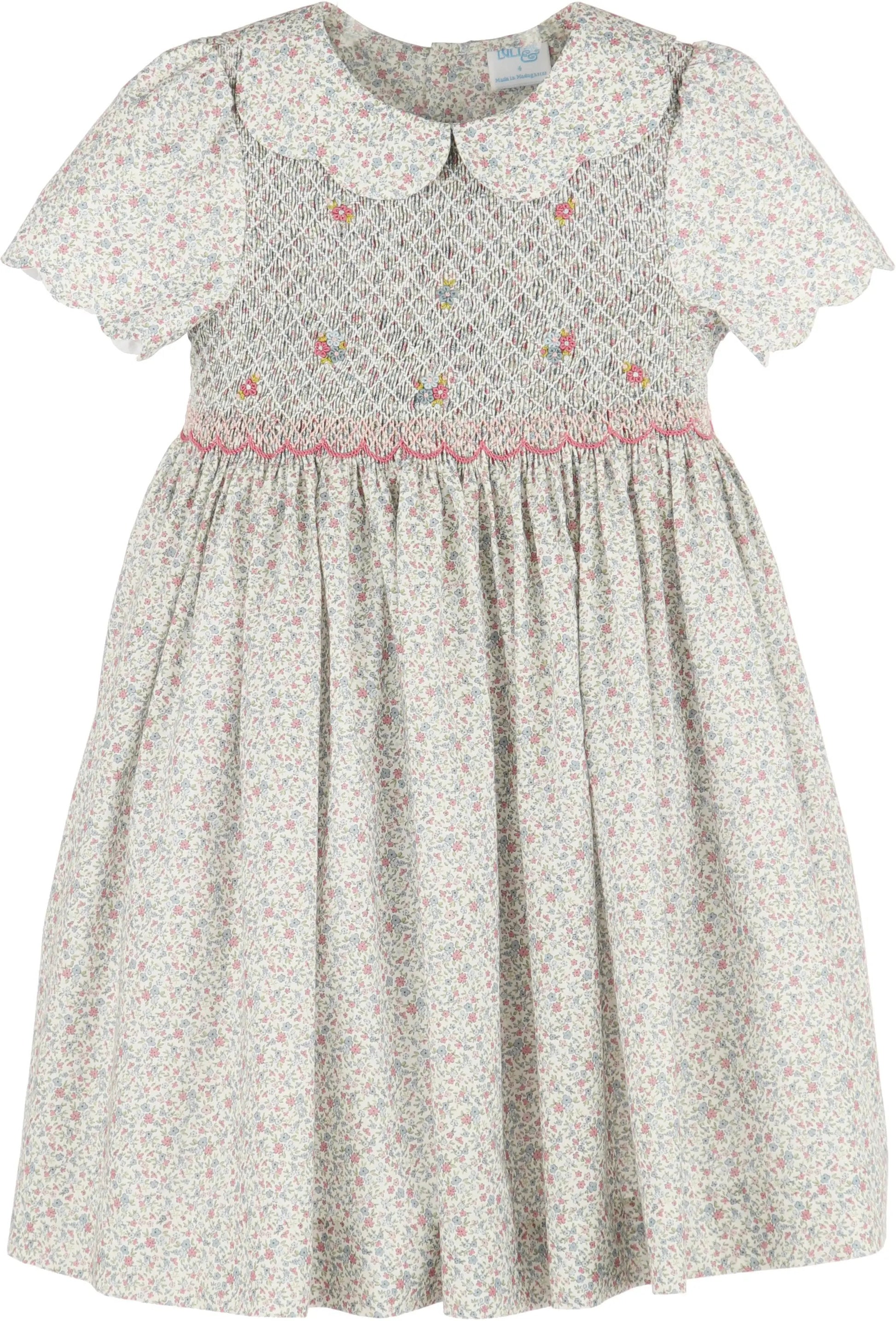 Luli & Me Girls Pink Fall Blossom Floral Smocked Bodice Dress - Scallop Collar
