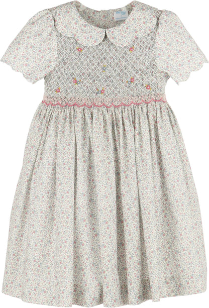 Luli & Me Girls Pink Fall Blossom Floral Smocked Bodice Dress - Scallop Collar