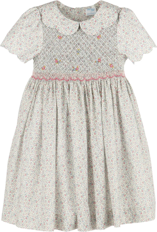 Luli & Me Girls Pink Fall Blossom Floral Smocked Bodice Dress - Scallop Collar
