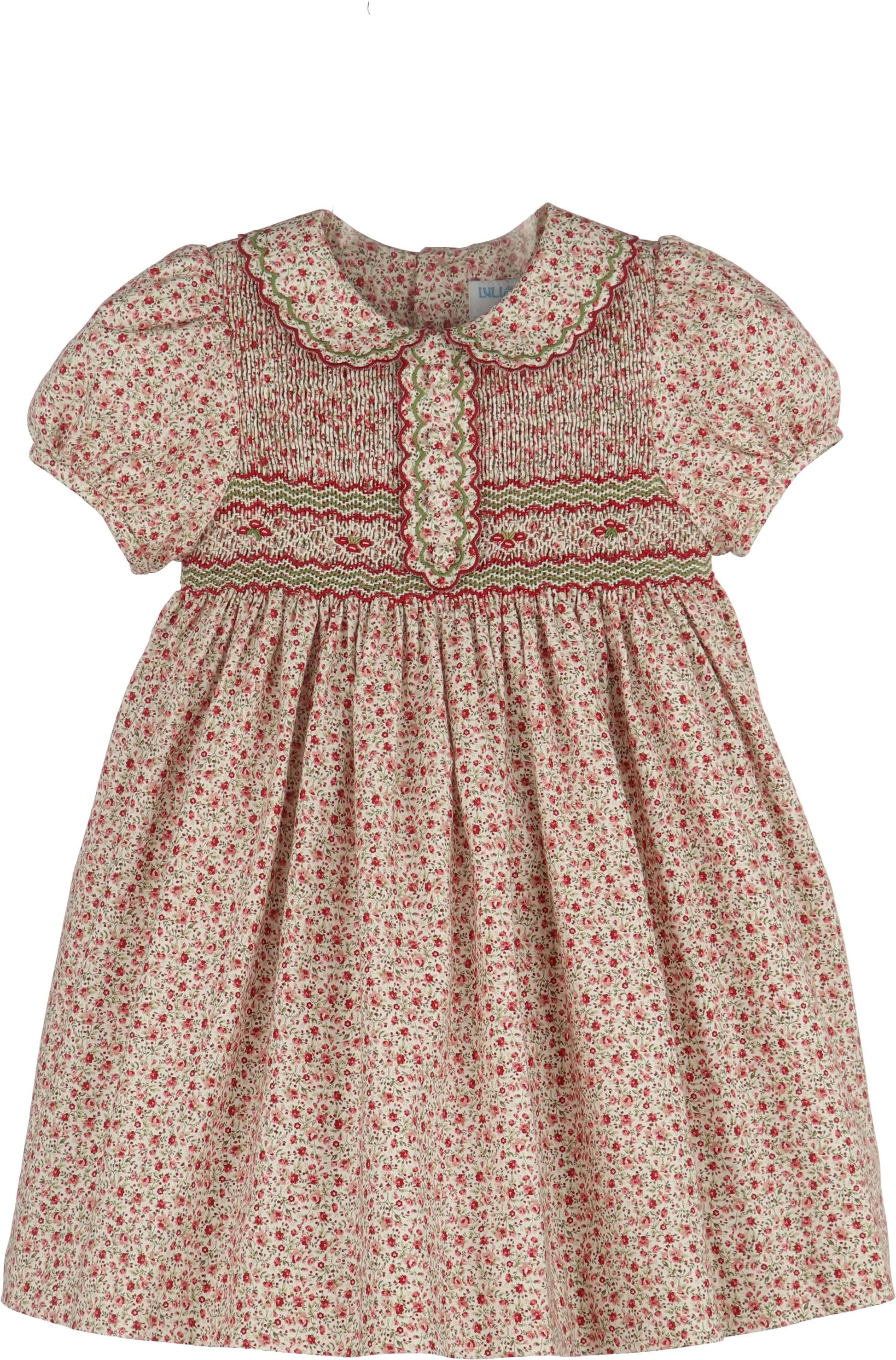 Luli & Me Girls Mulberry Red Floral Smocked Christmas Dress