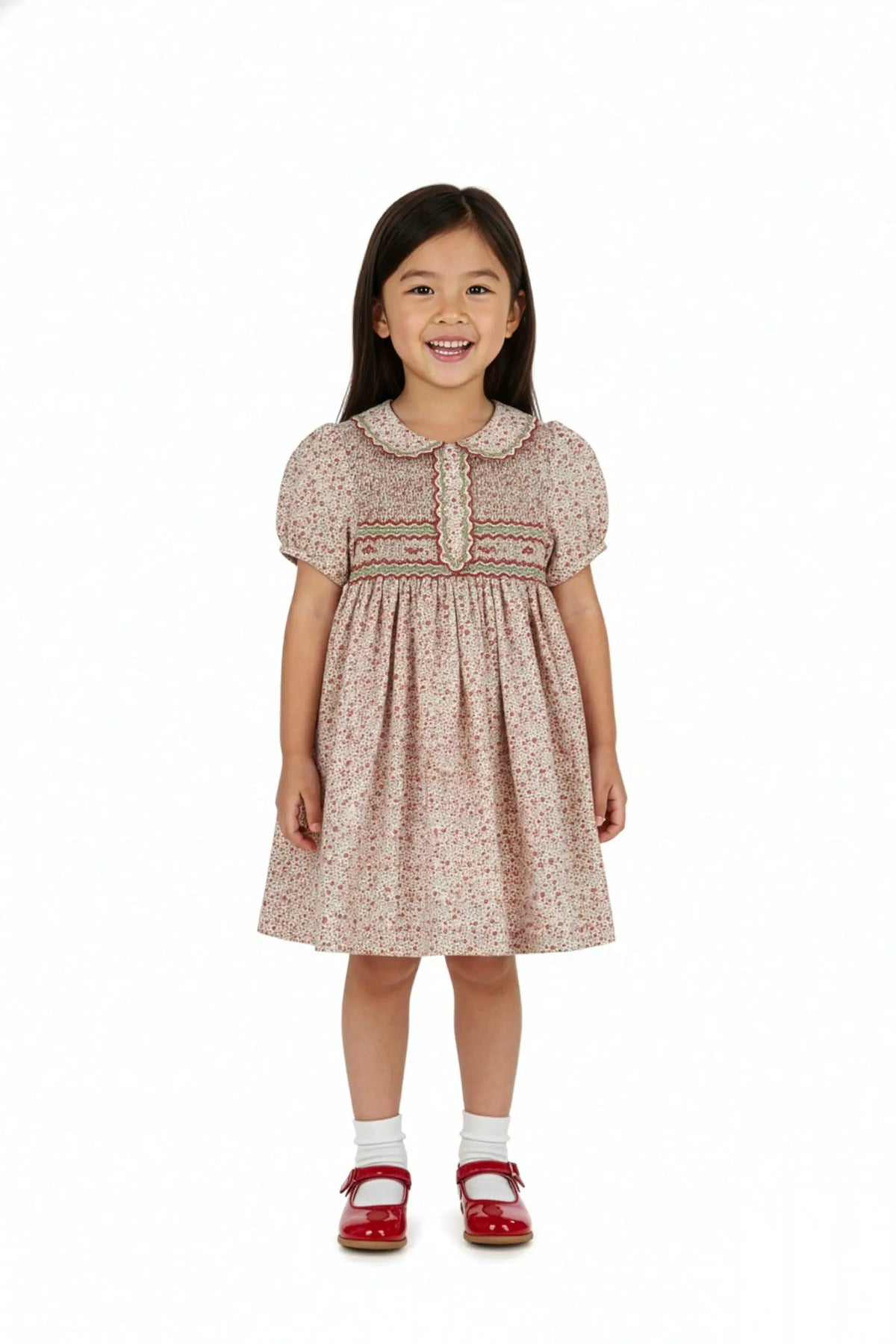 Luli & Me Girls Mulberry Red Floral Smocked Christmas Dress